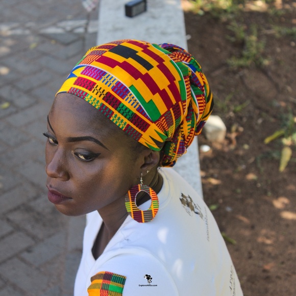 Orange Blue and Red African Kente Headwrap - Picture 2 of 3